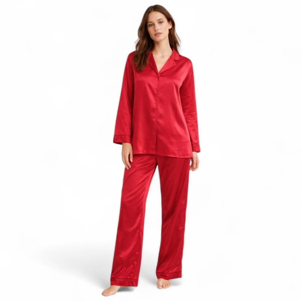 New Victoria’s Secret Vintage Satin Long Sleeve Pajama Set Red Trim Velvet Large